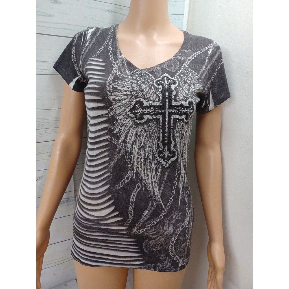 Vtg Cotty On Black T-shirt Women M Cross Gem Bedazzled Y2K Graphic